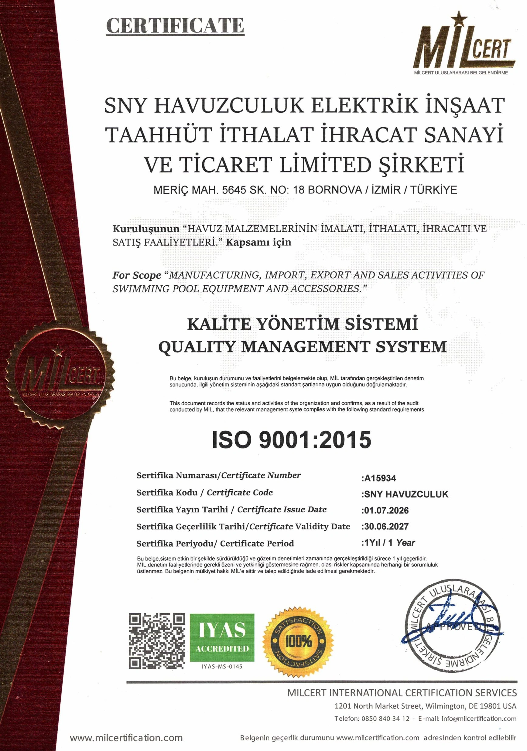 ISO 9001:2015 Kalite Yönetim Sistemi
