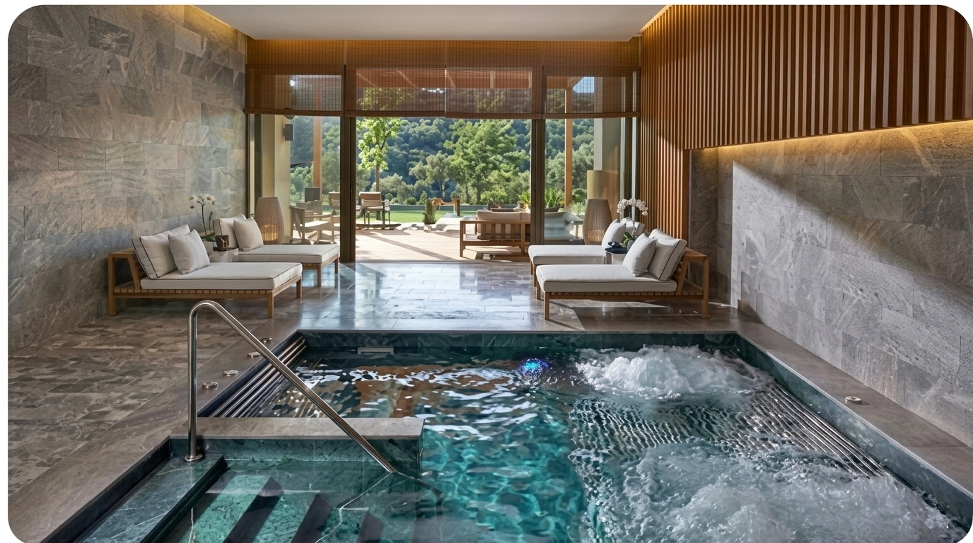 Doğa manzaralı hidromasajlı spa havuzu